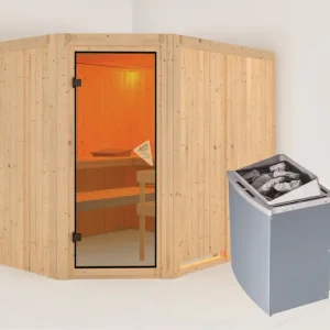 Premium Systeemsauna Malin kompleet transparente gebronsde glazen deur, incl. 9kW saunakachel int. besturing