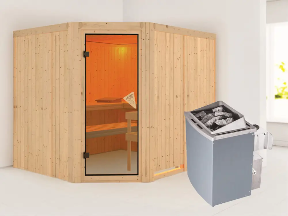 Premium Systeemsauna Malin kompleet transparente gebronsde glazen deur, incl. 9kW saunakachel int. besturing