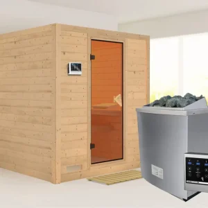 Massieve sauna Mojave kompleet transparente gebronsde glazen deur, incl. 9 kW kachel ext. besturing Lage Prijs