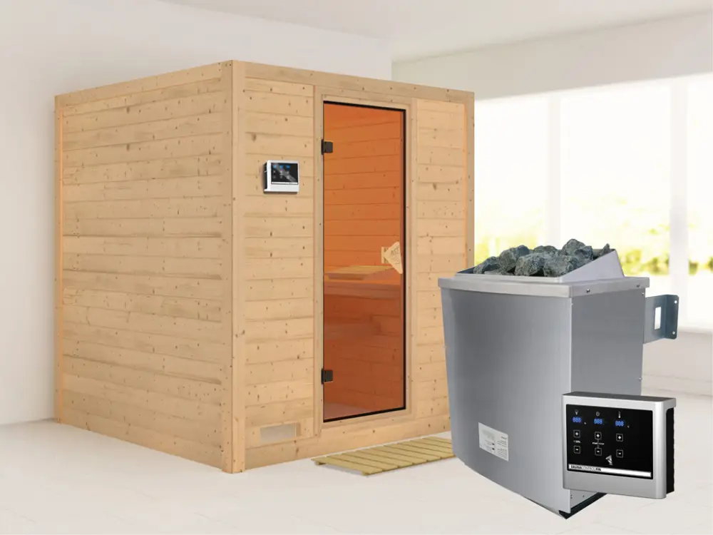 Massieve sauna Mojave kompleet transparente gebronsde glazen deur, incl. 9 kW kachel ext. besturing Lage Prijs