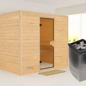 Massieve sauna Sonara kompleet transparente gebronsde glazen deur, incl. 9 kW kachel int. besturing Beperkte Voorraad
