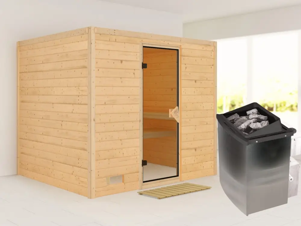 Massieve sauna Sonara kompleet transparente gebronsde glazen deur, incl. 9 kW kachel int. besturing Beperkte Voorraad