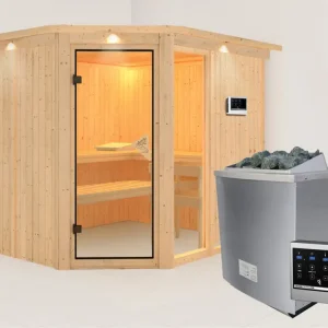 Systeemsauna Fiona 3 met dakkraag, incl. 9 kW saunakachel ext. besturing Koopje