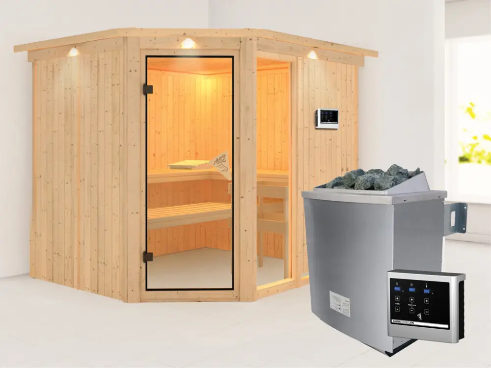 Systeemsauna Fiona 3 met dakkraag, incl. 9 kW saunakachel ext. besturing Koopje