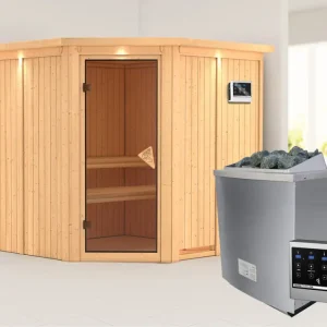 Lage Prijs Systeemsauna Jarin met dakkraag, kompleet transparente gebronsde glazen deur, incl. 9kW saunakachel