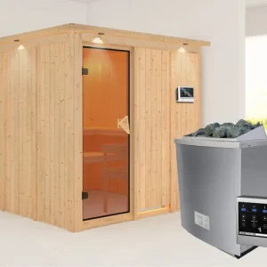 Op = Op Systeemsauna Rodin met dakkraag, kompleet transparente gebronsde glazen deur, incl. 9kW saunakachel