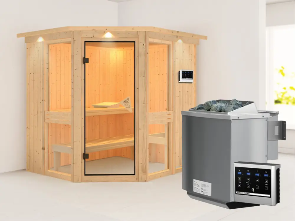 Systeemsauna Amelia 1 met dakkraag, incl. 9 kW Bio-Combi-kachel ext. besturing Goedkoop