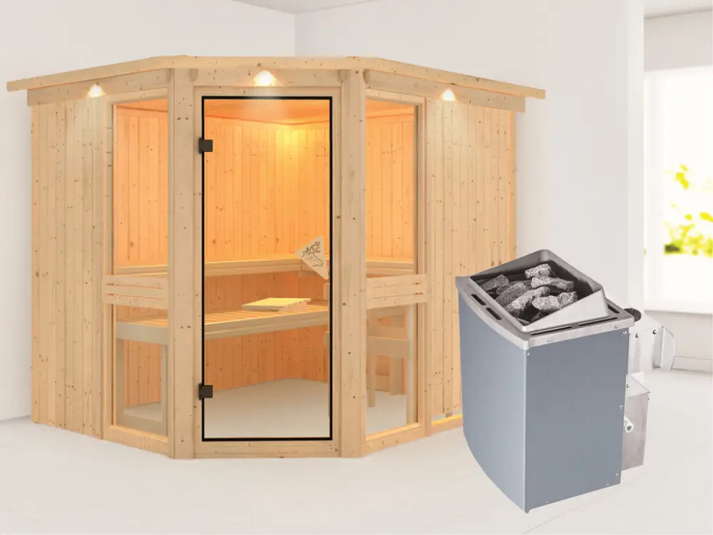 Fabrieksprijs Systeemsauna Amelia 3 met dakkraag, incl. 9 kW saunakachel int. besturing