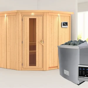 Systeemsauna Jarin met dakkraag houten deur met geïsoleerd glas incl. 9kW saunakachel ext. besturing Must-Have