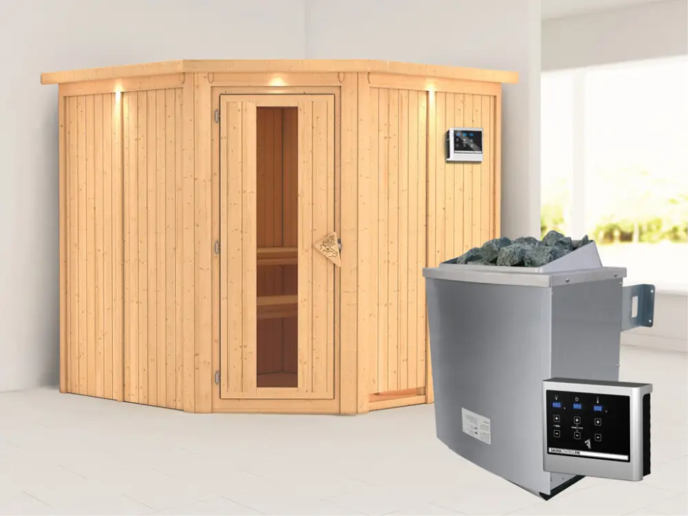Systeemsauna Jarin met dakkraag houten deur met geïsoleerd glas incl. 9kW saunakachel ext. besturing Must-Have