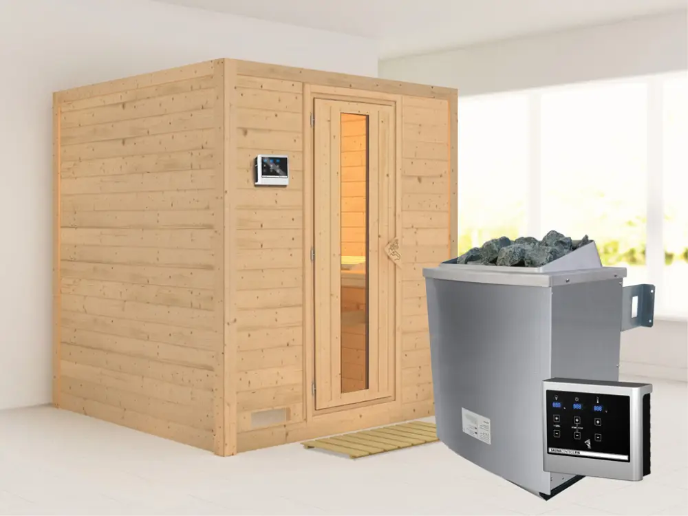 Weekendaanbieding Massieve sauna Mojave houten deur met geïsoleerd glas, incl. 9 kW kachel ext. besturing