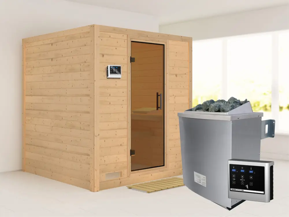 Massieve sauna Mojave grafiet glazen deur, incl. 9 kW kachel ext. besturing Laatste Kans