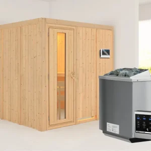 Systeemsauna Rodin houten deur met geïsoleerd glas, incl. 9 kW Bio-Combi-kachel ext. besturing Uitverkoop