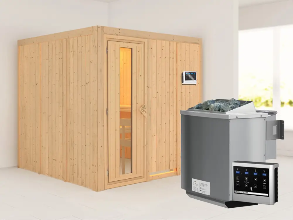 Systeemsauna Rodin houten deur met geïsoleerd glas, incl. 9 kW Bio-Combi-kachel ext. besturing Uitverkoop