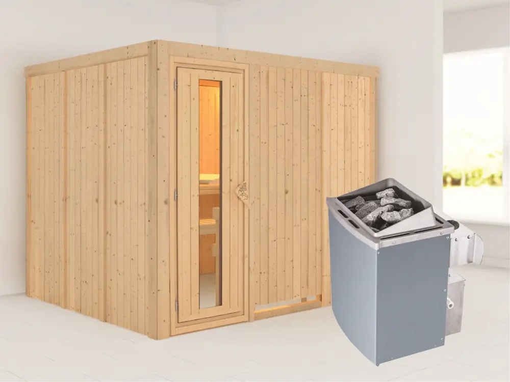Systeemsauna Gobin houten deur met geïsoleerd glas, incl. 9 kW saunakachel int. besturing Gecertificeerd