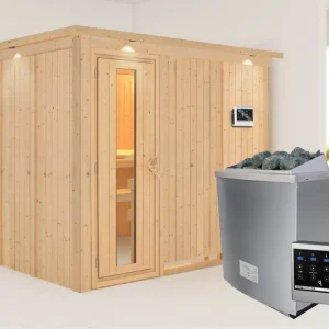 Favoriet Systeemsauna Gobin met dakkraag houten deur met geïsoleerd glas incl. 9kW saunakachel ext. besturing