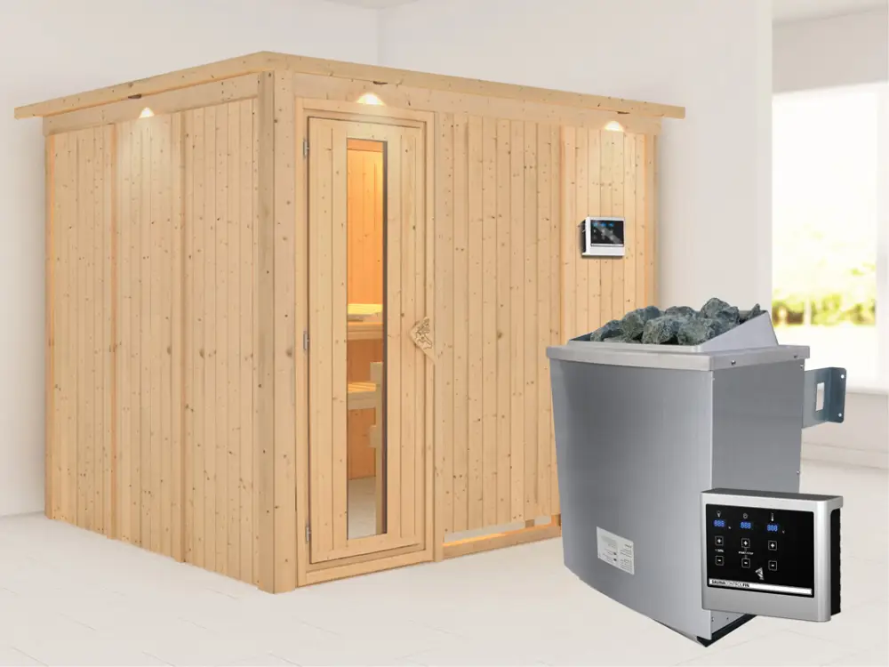 Favoriet Systeemsauna Gobin met dakkraag houten deur met geïsoleerd glas incl. 9kW saunakachel ext. besturing