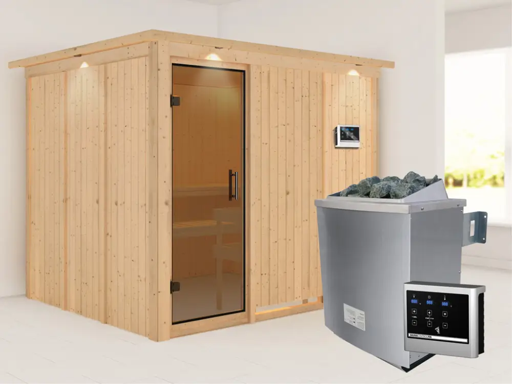 Systeemsauna Gobin met dakkraag, grafiet glazen deur, incl. 9 kW saunakachel ext. besturing Koop Vandaag