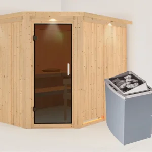 Express Levering Systeemsauna Malin met dakkraag, grafiet glazen deur, incl. 9 kW saunakachel int. besturing