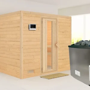 Massieve sauna Sonara houten deur met geïsoleerd glas, incl. 9 kW saunakachel ext. besturing Nieuw