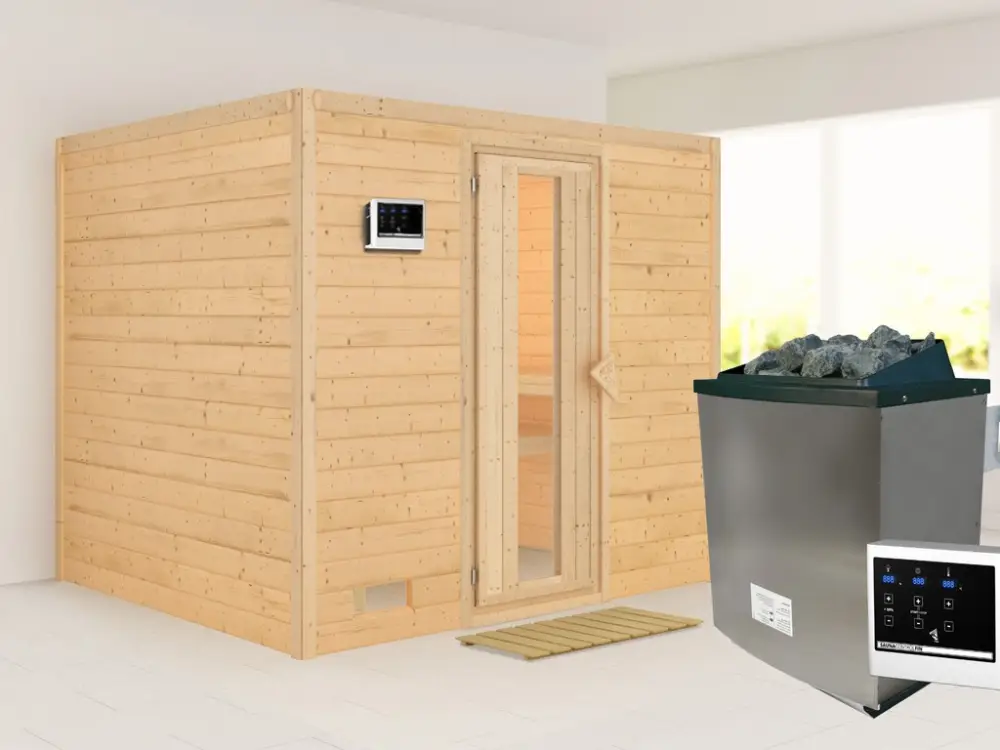 Massieve sauna Sonara houten deur met geïsoleerd glas, incl. 9 kW saunakachel ext. besturing Nieuw