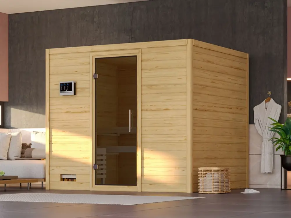 Massieve sauna Sonara grafiet glazen deur, incl. 9 kW saunakachel int. besturing Laatste Kans