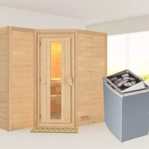 Massieve sauna Sahib 2 houten deur met geïsoleerd glas, incl. 9 kW kachel int. besturing Koop Vandaag