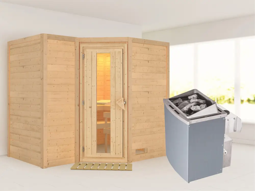 Massieve sauna Sahib 2 houten deur met geïsoleerd glas, incl. 9 kW kachel int. besturing Koop Vandaag