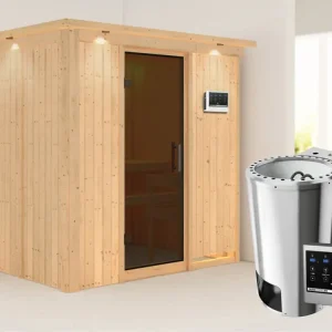 Lage Prijs Systeemsauna Fanja met dakkraag, grafiet glazen deur + Plug & Play Bio-kachel met ext. besturing