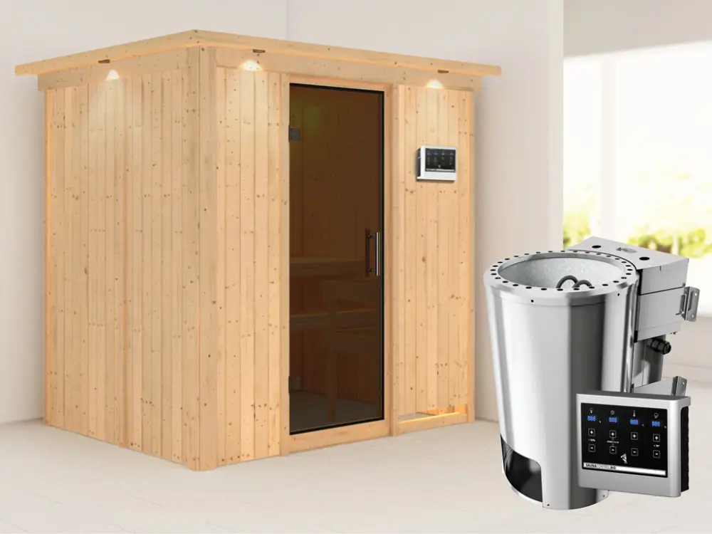 Lage Prijs Systeemsauna Fanja met dakkraag, grafiet glazen deur + Plug & Play Bio-kachel met ext. besturing