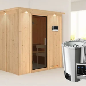 Systeemsauna Daria met dakkraag, grafiet glazen deur + Plug & Play Bio-kachel met ext. besturing Rechtstreeks Van De Fabrikant