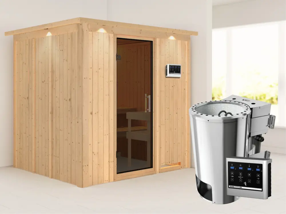 Systeemsauna Daria met dakkraag, grafiet glazen deur + Plug & Play Bio-kachel met ext. besturing Rechtstreeks Van De Fabrikant