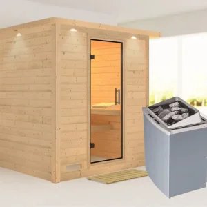 Massieve sauna Mojave met dakkraag, transparent glazen deur + 9 kW saunakachel met besturing Lage Kosten