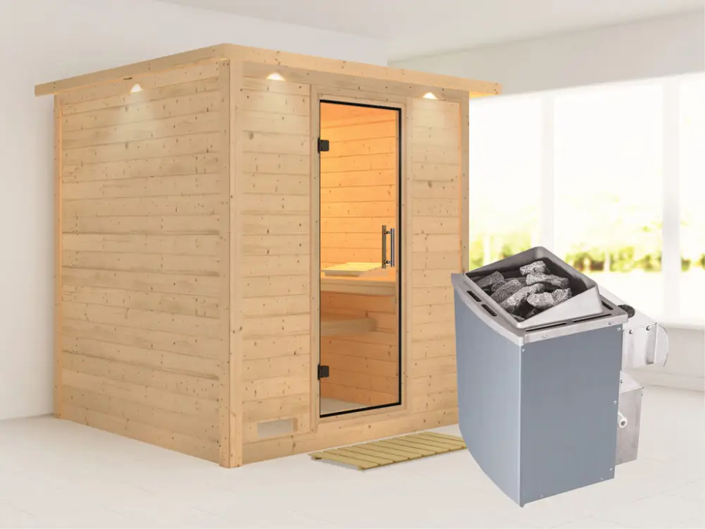 Massieve sauna Mojave met dakkraag, transparent glazen deur + 9 kW saunakachel met besturing Lage Kosten