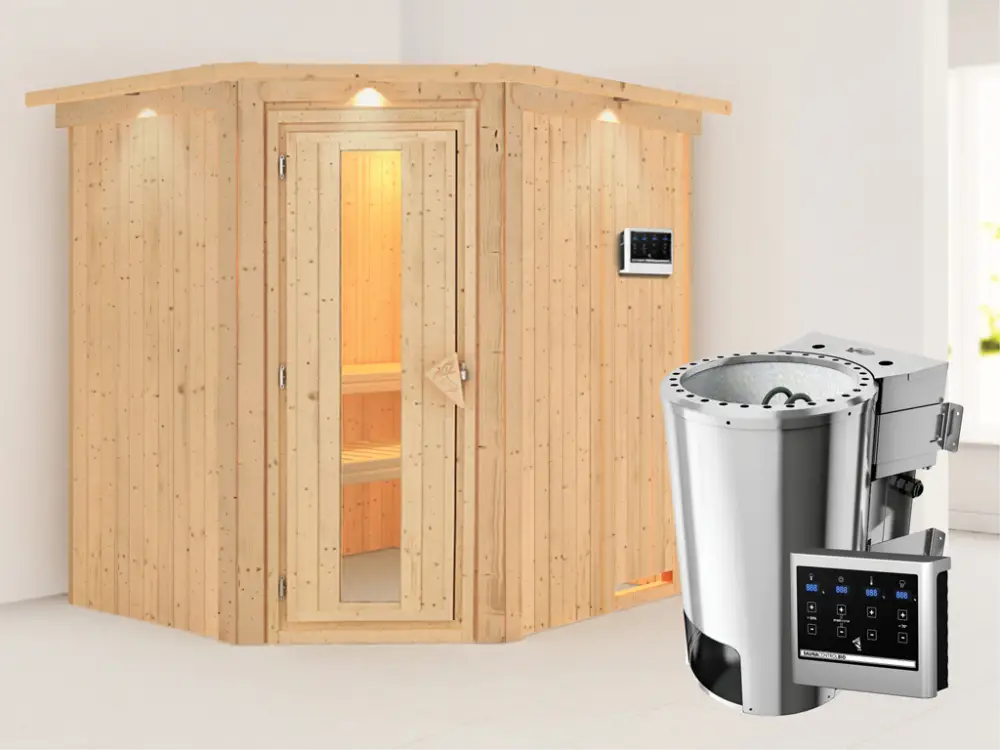 Favoriet Systeemsauna Lilja met dakkraag, energiebesparende deur, Plug & Play Bio-kachel met ext. besturing