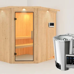 Systeemsauna Lilja met dakkraag, transparent glazen deur + Plug & Play Bio-kachel met ext. besturing Weekendaanbieding