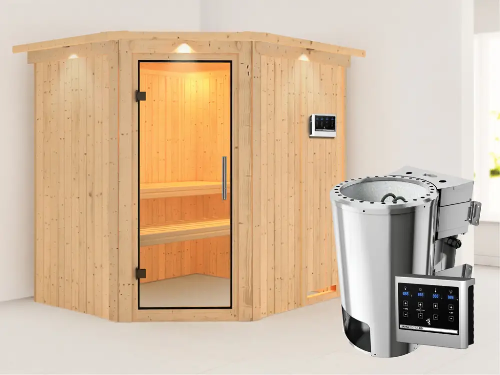 Systeemsauna Lilja met dakkraag, transparent glazen deur + Plug & Play Bio-kachel met ext. besturing Weekendaanbieding