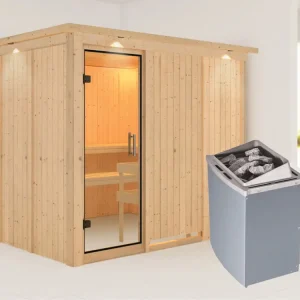 Hoge Kwaliteit Systeemsauna Gobin met dakkraag, transparent glazen deur + 9 kW saunakachel met besturing