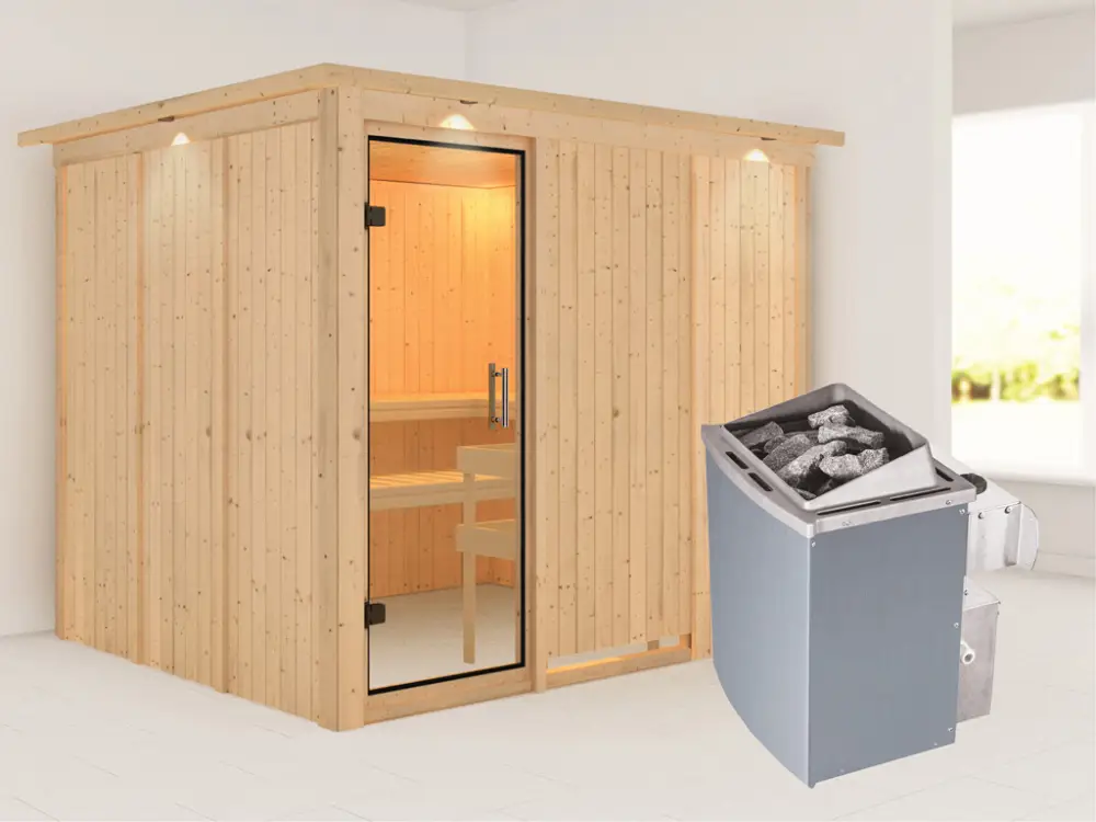 Hoge Kwaliteit Systeemsauna Gobin met dakkraag, transparent glazen deur + 9 kW saunakachel met besturing