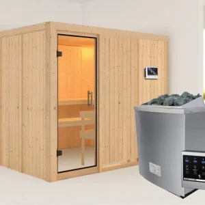 Systeemsauna Gobin transparent glazen deur + 9 kW saunakachel met ext.besturing Weekendaanbieding