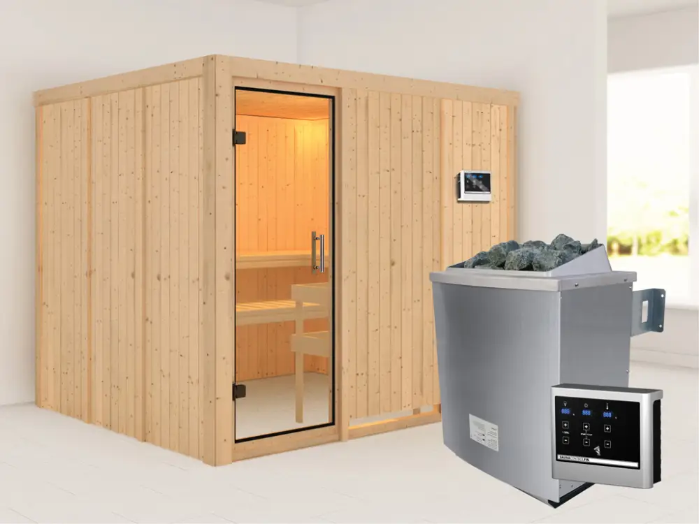Systeemsauna Gobin transparent glazen deur + 9 kW saunakachel met ext.besturing Weekendaanbieding