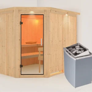Systeemsauna Malin met dakkraag, transparent glazen deur + 9 kW saunakachel met besturing Koopje