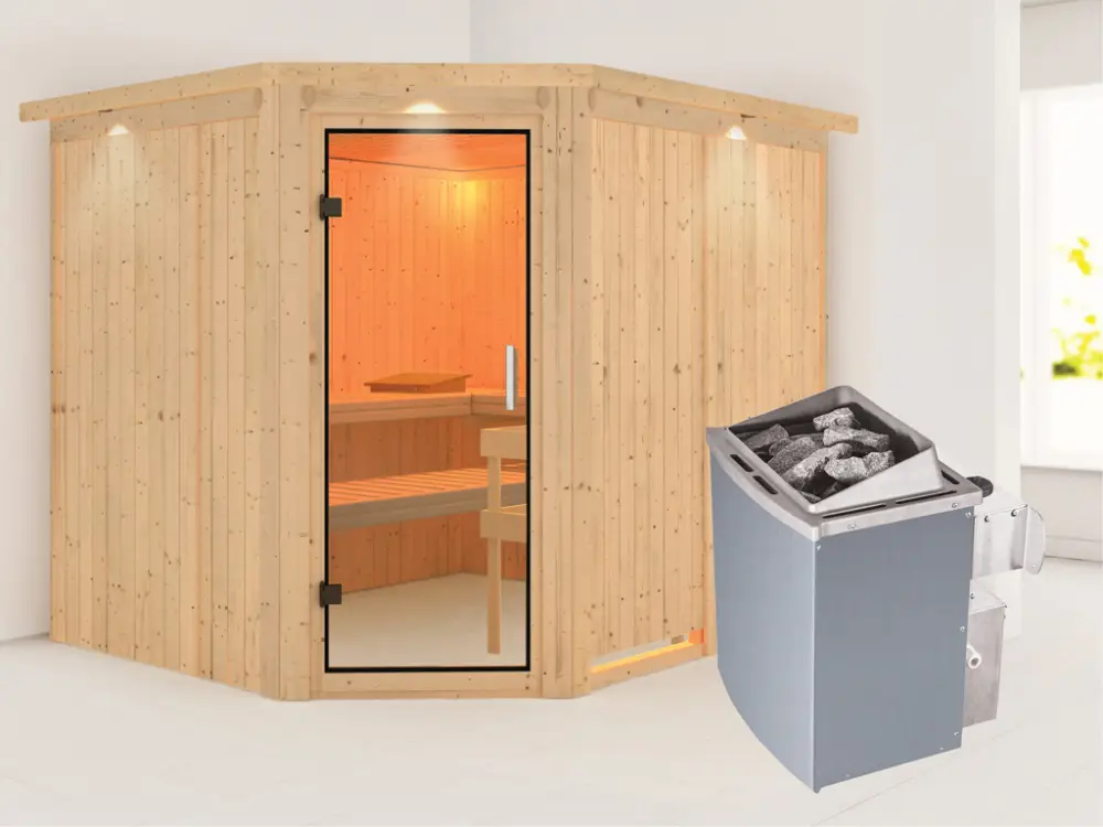 Systeemsauna Malin met dakkraag, transparent glazen deur + 9 kW saunakachel met besturing Koopje