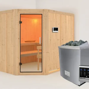 Systeemsauna Malin transparent glazen deur + 9 kW saunakachel met externe besturing Gratis Retour
