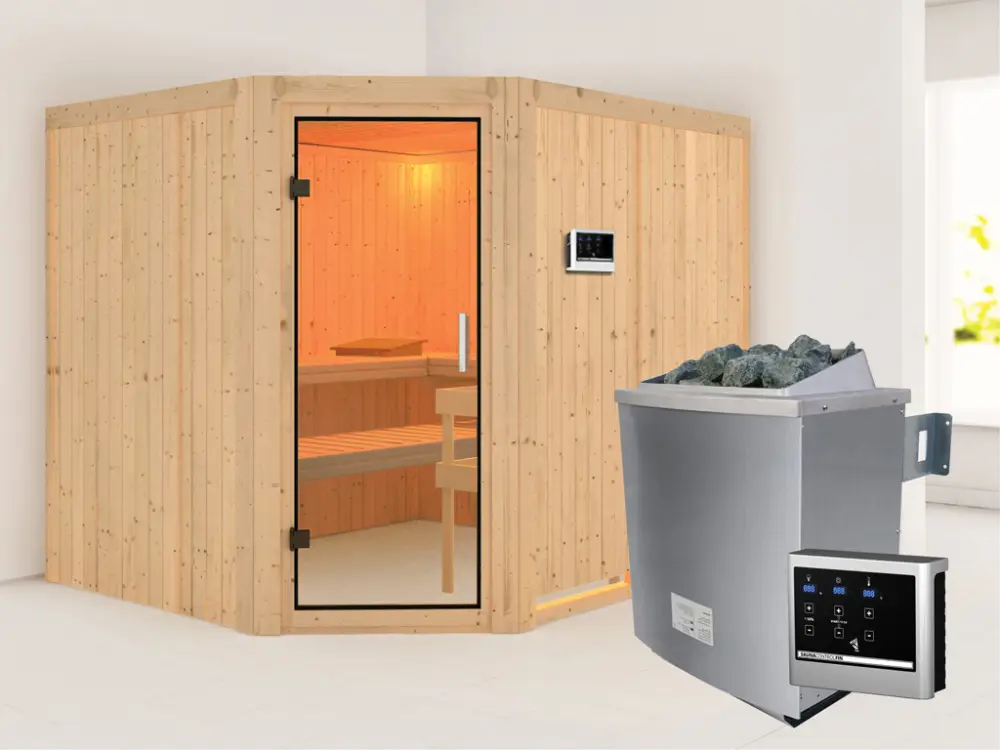Systeemsauna Malin transparent glazen deur + 9 kW saunakachel met externe besturing Gratis Retour