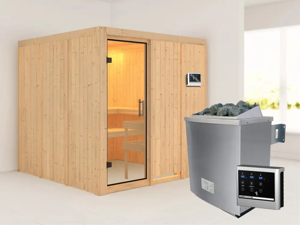 Systeemsauna Rodin transparent glazen deur + 9 kW saunakachel met ext. besturing Koopje