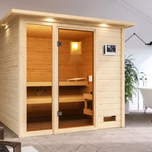 Lage Kosten Sauna Jutta met gebronsde glazen deur en dakkraag + 9 kW Bio-Combi-kachel ext. besturing