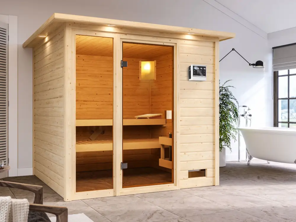 Lage Kosten Sauna Jutta met gebronsde glazen deur en dakkraag + 9 kW Bio-Combi-kachel ext. besturing