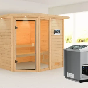 Sauna Tabea met gebronsde glazen deur en dakkraag + 9 kW Bio-Combi-kachel ext. besturing Favoriet