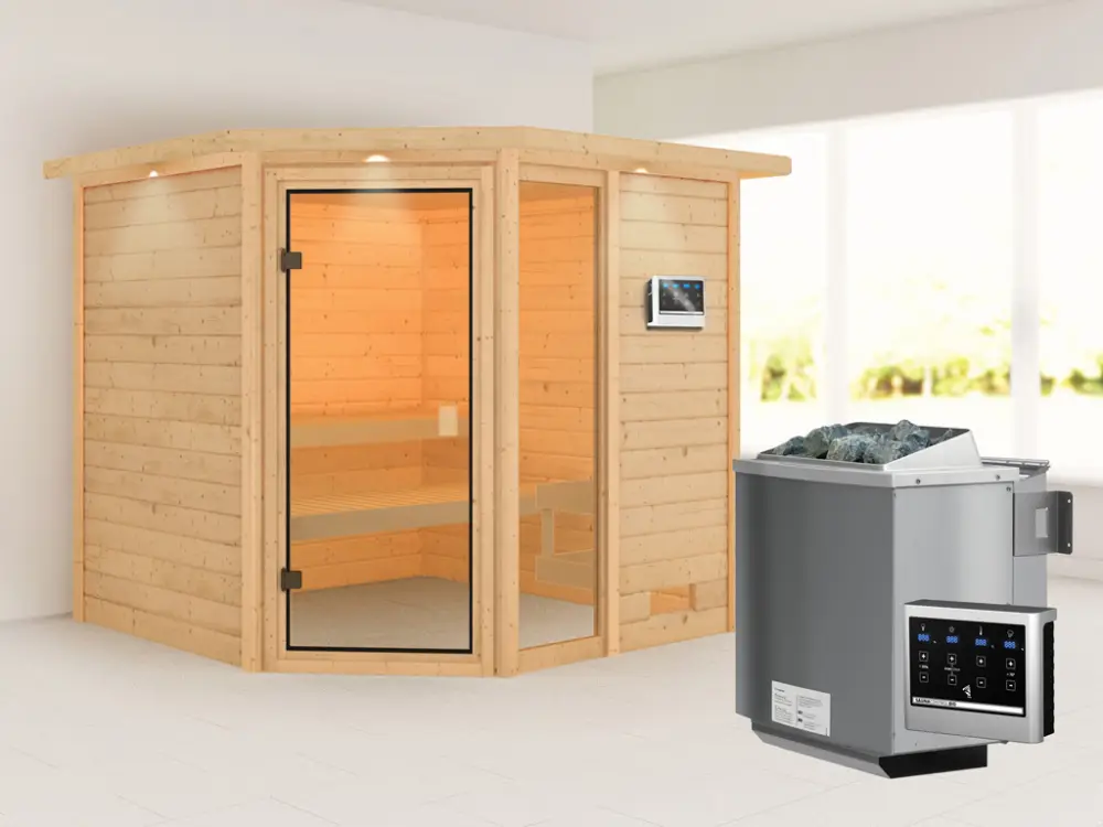 Sauna Tabea met gebronsde glazen deur en dakkraag + 9 kW Bio-Combi-kachel ext. besturing Favoriet